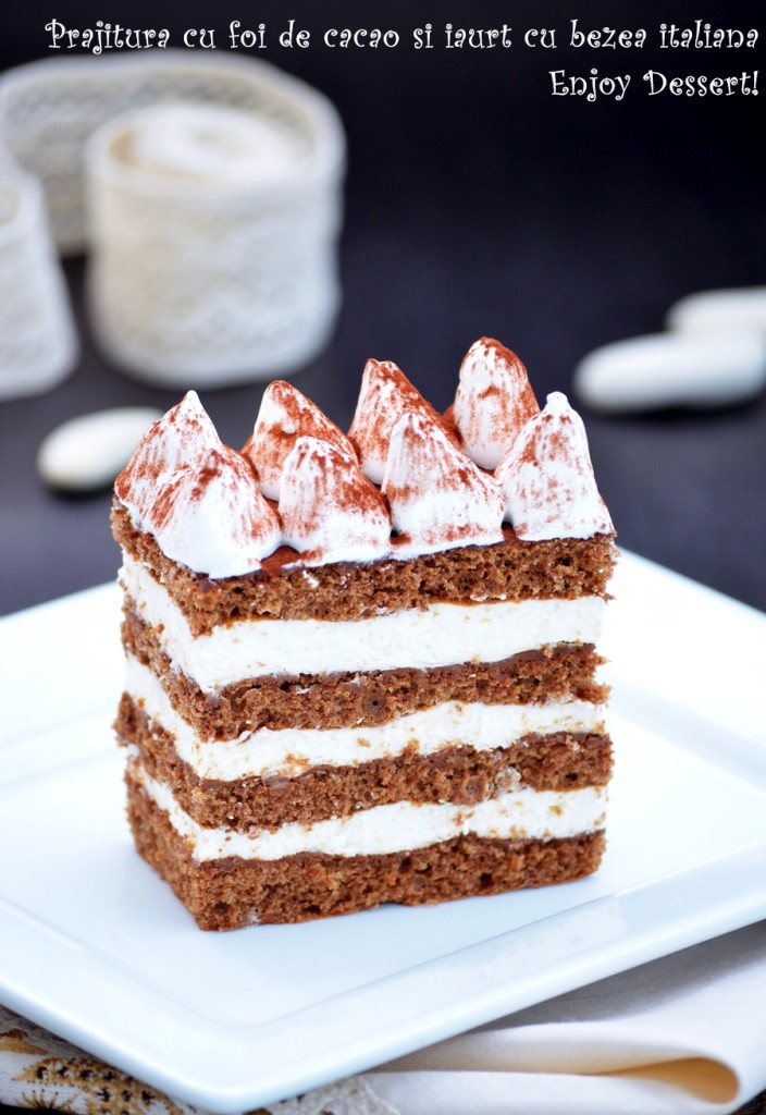 Prajitura cu foi de cacao si crema de iaurt cu bezea italiana